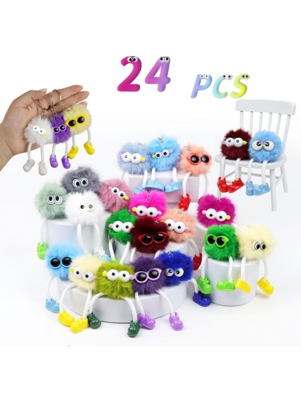 24PCS Fuzzy Keychains for Kids - Party Favors, Goody Bag Stuffers, Backpack